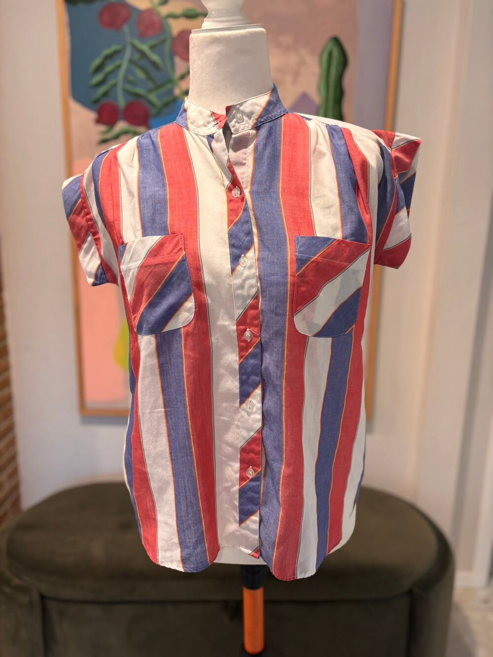 Vintage 1980s Shirtstop Striped Cap Sleeve Button Down Blouse – Size 10